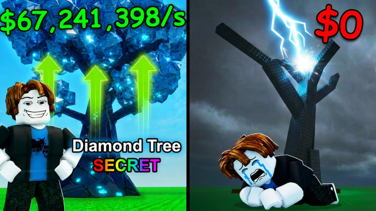 Greedy Growers Roblox game thumbnail showing a tree and lightning